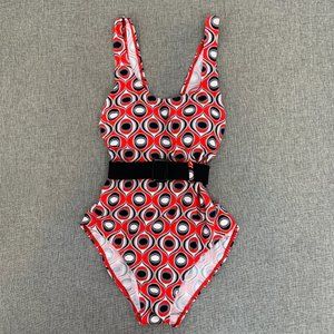 Sun & Sea Red‎ Black One Piece SwimSuit Hourglass Shape W/ Removable Belt Size 8